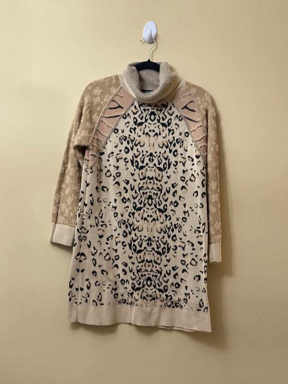 Tribal Sweater Dress Womens Medium Beige Leopard Cowl Neck Eyelash Knit Mob Wife
